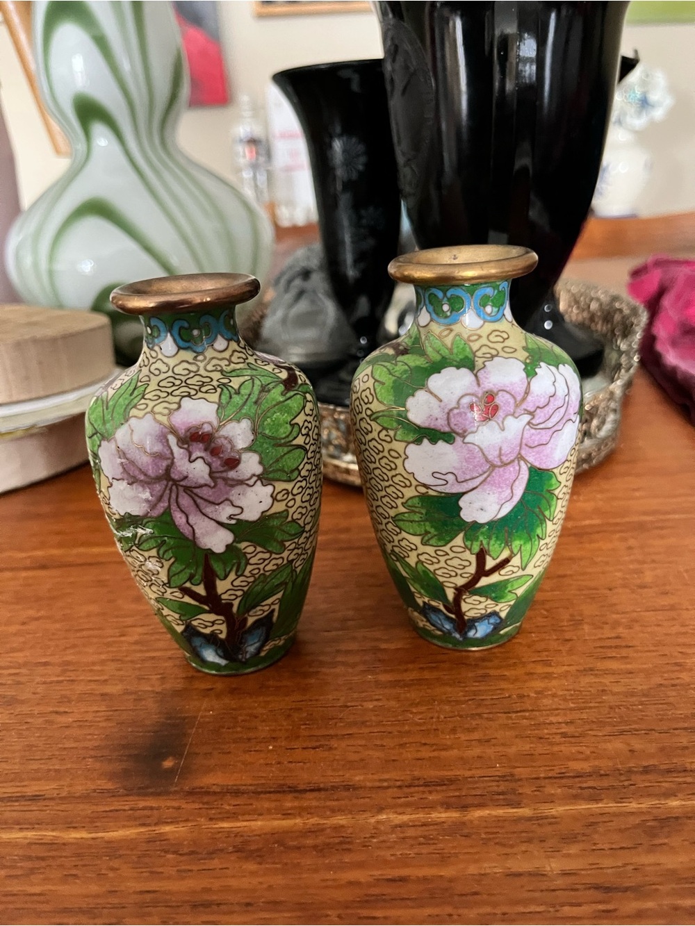Decorative Chinese Green Floral Cloisonné Vases - Pair